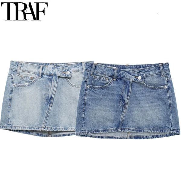 TRAF Women 2024 Skirts Blue Denim Woman Fashion Fall Asymmetrical Short Skirt Stylish High Waist Mini Jeans 250922