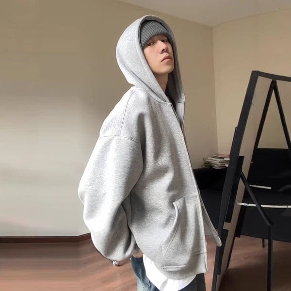 Gray Heavyweight Cardigan Sweatshirt Men American Style Cleanfit Designer Hoodie Double Zipper Autumn Designer Shirt Winter Fleece Hoodie Zipper Jacket Trendy