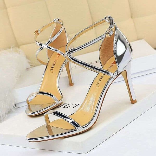 126-A8 Style Fashion Sexy Nightclub Open Toe Metal Cross Strap Thin Heel Sandals Women's High Heels
