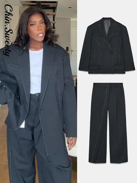 Casual Loose Womens Blazer Pant Suits Lapel DoubeBreasted Top Straight Pants Lady Set Autumn 2 Pieces Women 251009BJ