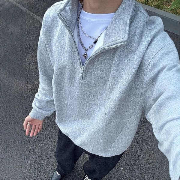 Light Gray Half-zip Sweatshirt For Men 2025 Spring American Style Stand Designer Designer Shirt Hoodie Collar Base Shirt Heavyweight Casual Jacket