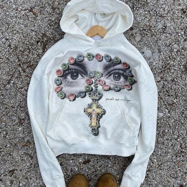 Men's Hoodies Graphic Hoodie Streetwear Vintage Gothic Eye Print Sweatshirt Hip Hop Pullover With Cross Floral Design
