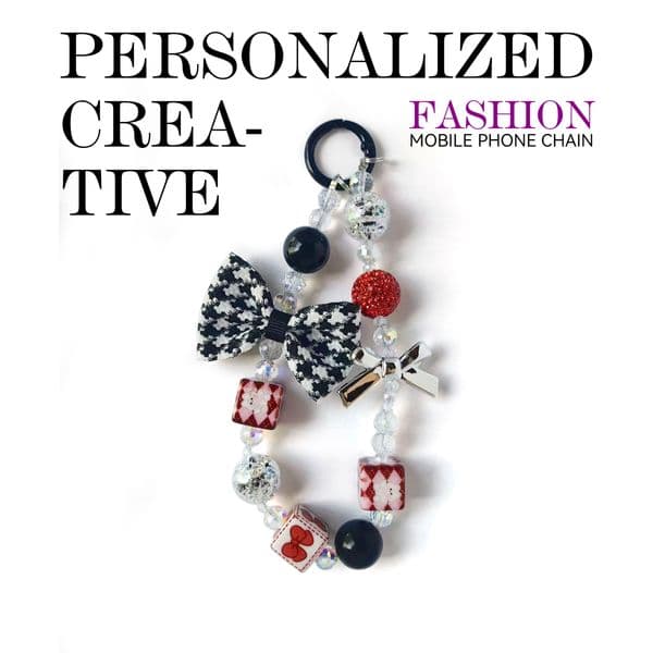 Checkered fabric bow, vibrant squares, white pearl phone strap, stylish design, trendy and versatile, anti-loss, easy to carry