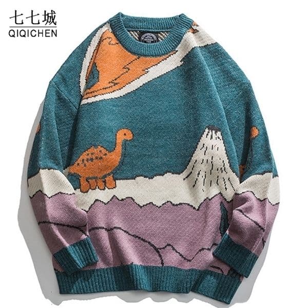 Men's Hoodies Sweatshirts Harajuku Cartoon Little Dinosaur Knitted Sweater Men Winter Sweater Women Vintage Pullover Casual Japanese Streetwear Unisex 230821CJ