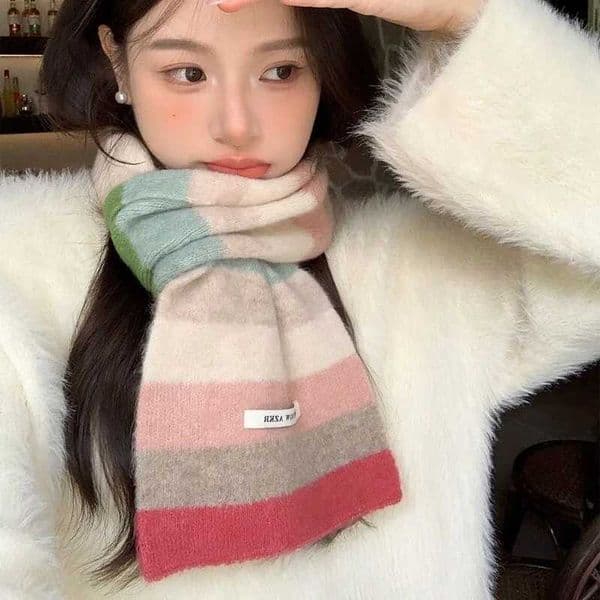 Dopamine Rainbow Contrast Knit Scarf Men Women AutumnWinter New Korean Style Atmosphere Versatile Warm Szal Zimowy Damski 4w980 W251010