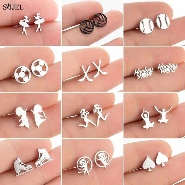 Fashion Baseball Studs Earrings Wen Stainss Steel Running Ball Yoga Bicyc Hockey Sports Earrings Balt Spades JewelryW251010