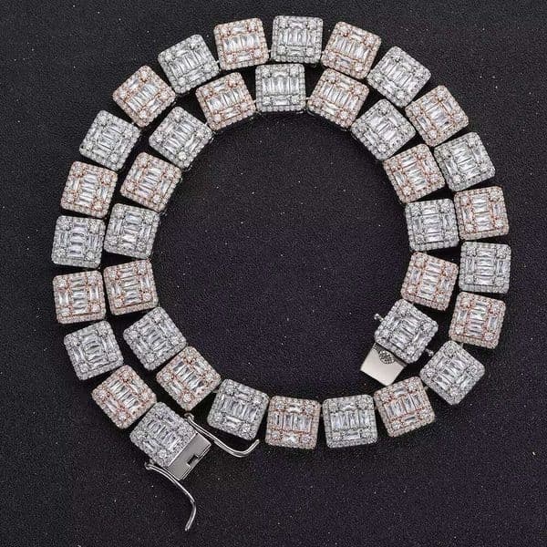 Cuban Link Necklace Colorful White Rose Gold Plated Ice Square Zircon Copper Hip Hop Unisex Jewelry 12mm