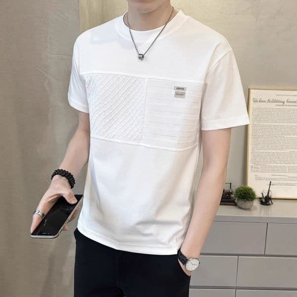 2025 Summer New Patchwork Designer Shirt Striped Round Neck Short Sleeve Men's Ice Silk Designer Hoodie Cotton Trendy Slim Fit Cool White T-shirt Men's Clothing