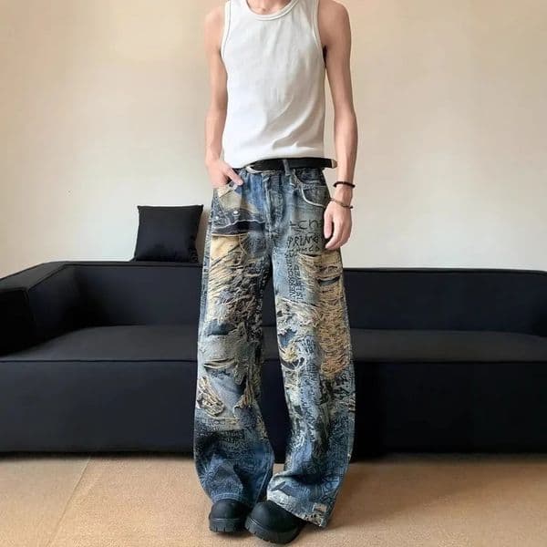 Mens Loose Fit Denim Jeans 3D Printed Digital Direct Spray Floral Pattern Hole Punch Casual Trousers 251008BJ