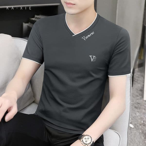 2025 Summer Modal Cotton Men's Short Sleeve T-shirt V-neck Slim Fit Base Designer Hoodie Shirt Quality Designer Shirt Men's Ice Silk Quick-dry Top