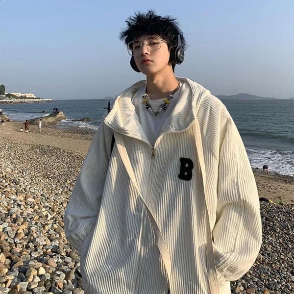 Chicjacket mens autumn Corduroy jacket loose fit hoodie trendy Korean casual Ins Hong Kong style 240829