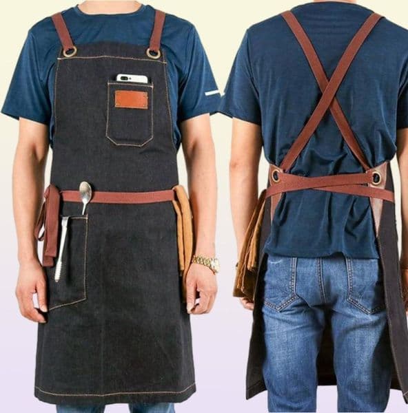 Denim Haircutting Apron For Men Adjustable Salon Hairdresser Tool BBQ Bib Working Uniform Korean Fashion Black Aprons9436396