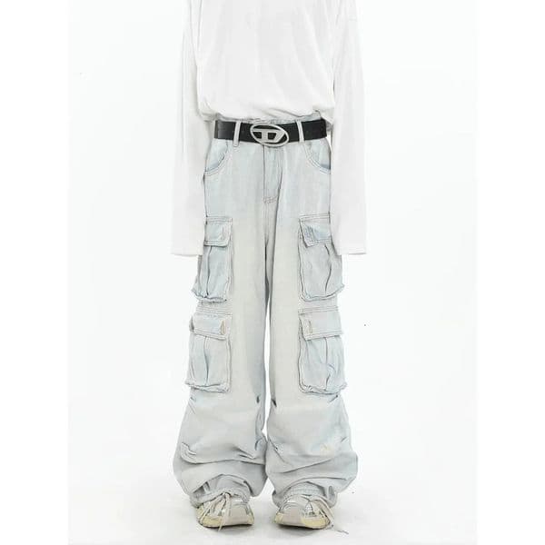 American Style Vintage Mens Jeans Multiple Pockets Wide Leg Cargo Pants Trendy Crossborder Trade European Trousers 240809