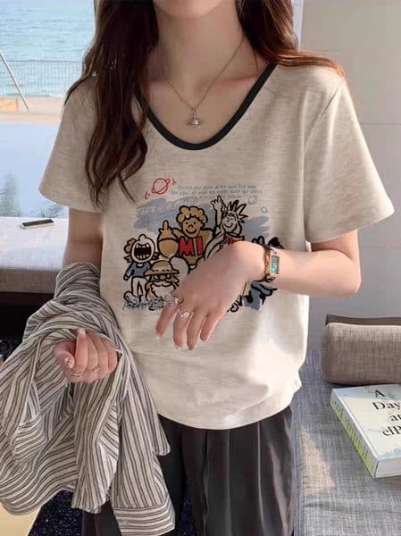 Designer Shirt Plus Size Cotton V-neck Regular Shoulder Short Sleeve T-shirt For Women 2025 Fashion New Summer Style For Slightly Chubby Women Designer Hoodie
