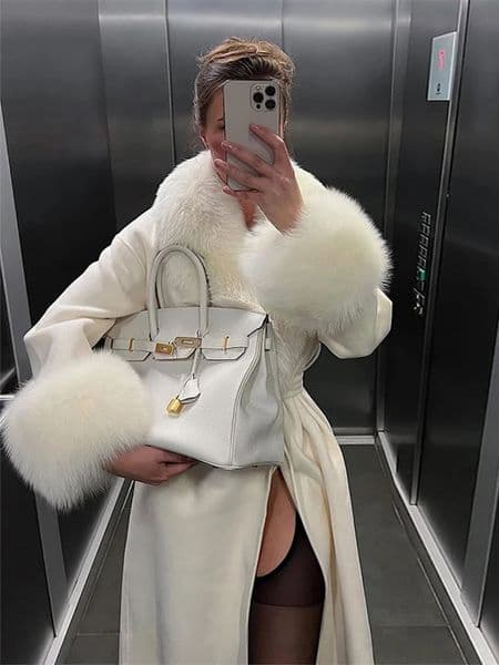 Fluffy Fur Long Womens Coat Elegant Lace Up Full Sleeve Vneck Female Jackets 2025 Winter Fashion Split Loose Lady Outwears 251010