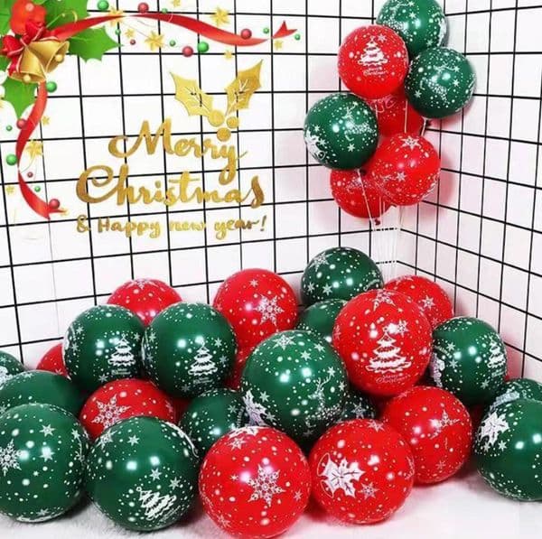 12-inch Thickened Christmas Balloons With Snowflake And Christmas Tree Prints Classic Red Yellow And Green Color Scheme Suitable For Home Hotel And Store Decoration
