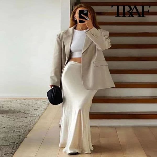 Womens Flowing Satin Midi Skirt High Waist With Elastic Waistband Female Skirts Chic Fashion 241217BJ