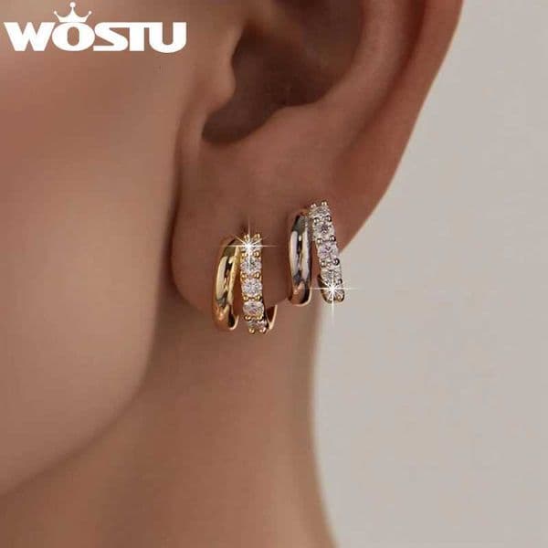 WOSTU Doublelayer Moissanite Huggies Earrings For Wen 925 Sterling Silver 18K Gold Diamond Cut Sparkling Circle Earrings X251011