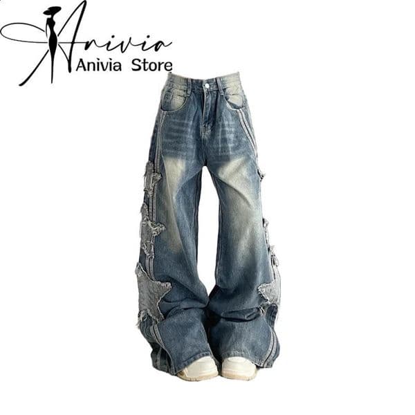 Womens Y2k star jeans Harajuku 90s aesthetic striped Trouser retro pocket Japanese 2000s style garbage clothing 240823