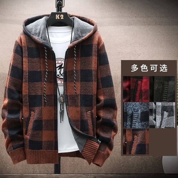 Mens Winter Plaid Sweater Hooded Cardigan Cold Coat Wool Zipper Jacket Autumn Fleece Warm Clothes Checkered Knit Jumper w241112
