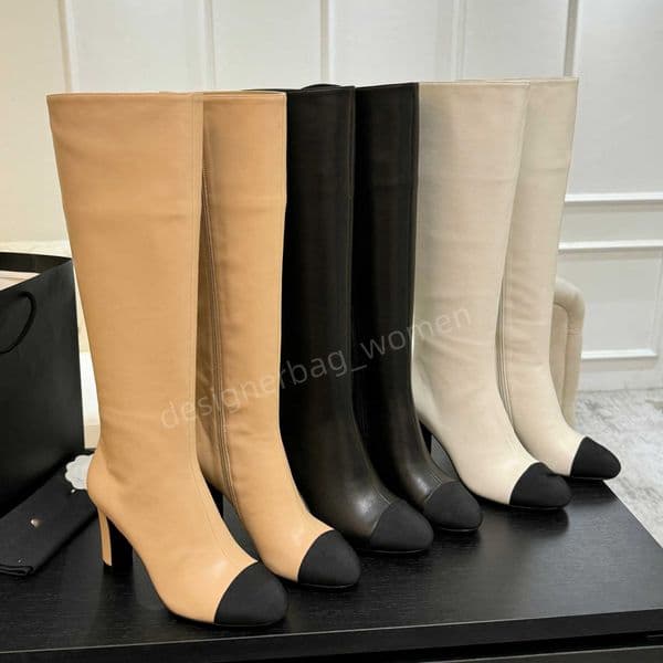 designer high boots women Classic color-blocked high-heeled knee boots chuny heels boot side zipper genuine leather shoes autumn boots over the knee round toe booties