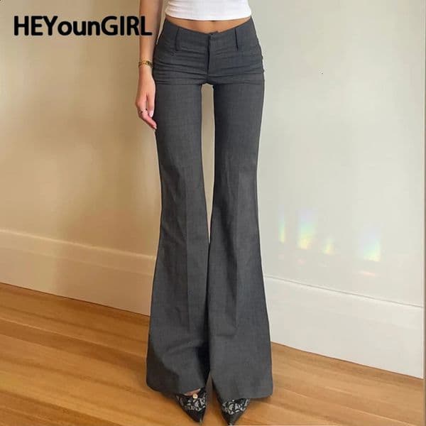 HEYounMIRL Low Waist Straight Casual Set Flare Pants Grey Tight Fashion Street Womens Boots Cut Trouser Retro Y2K 240829BJ