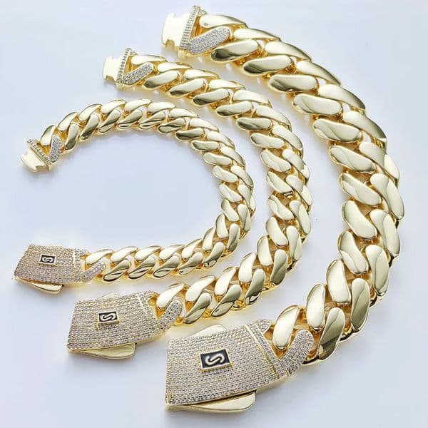HHIOK Monaco 14k Gold Plated Mans Chain Iced Out Clasp Necklace Miami 121520mm Brass Cuban Link Chain for Men 251010