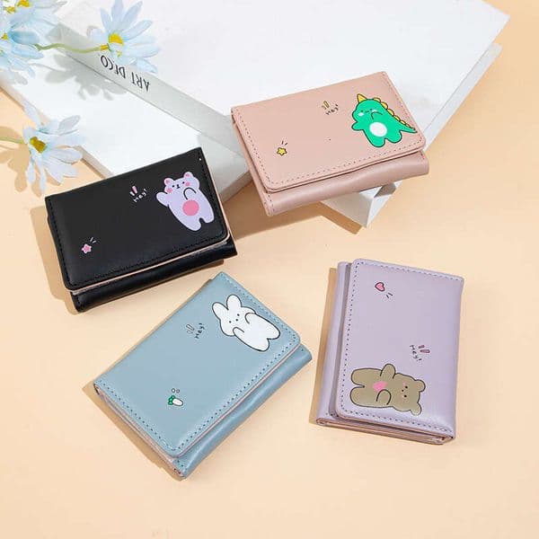2025 New Women's Short Wallet Cute Cartoon Print Pattern PU 70% off Coin Purse Card Holder Snap Button Student Bag