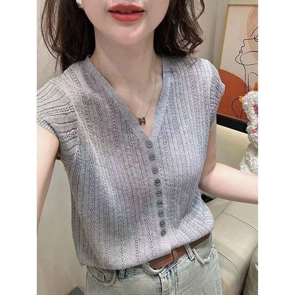 Drop Shoulder Hollow Collar Short Sleeve Knitted Sweater Designer Hoodie For Women 2025 Summer New Single-breasted Loose Designer Shirt Fashion Casual Slimming