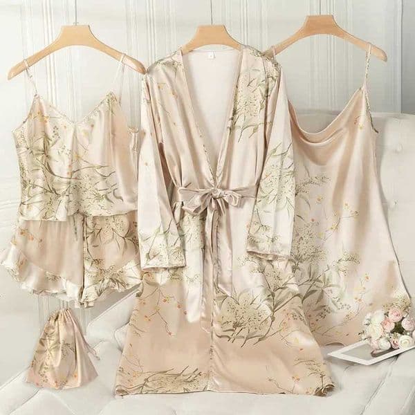 2026 Spring Summer New Female Pajamas 4Pcs Set Print Cherry Sleepwear Kimono Bathrobe Gown Loose Satin Home Clothes Loungewear Pyjama Y251010 Free Shipping