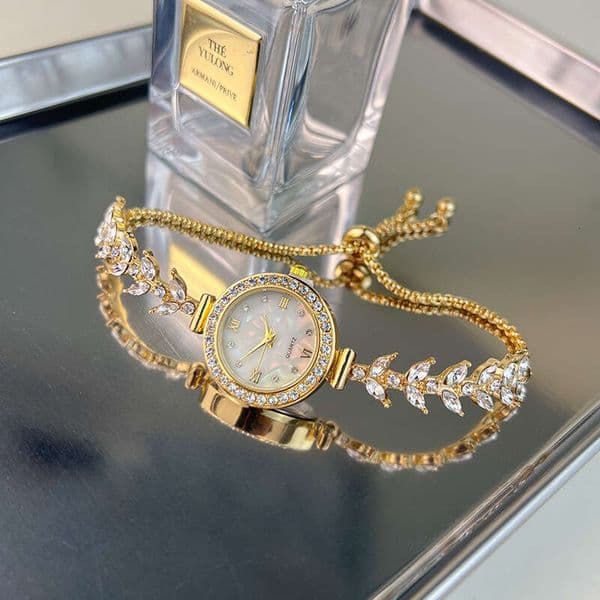Mermaid Fashion Dia-Encrusted Adjustable Bracelet Quartz Imitation Mother-of-Pearl Small Gold Women's Watch