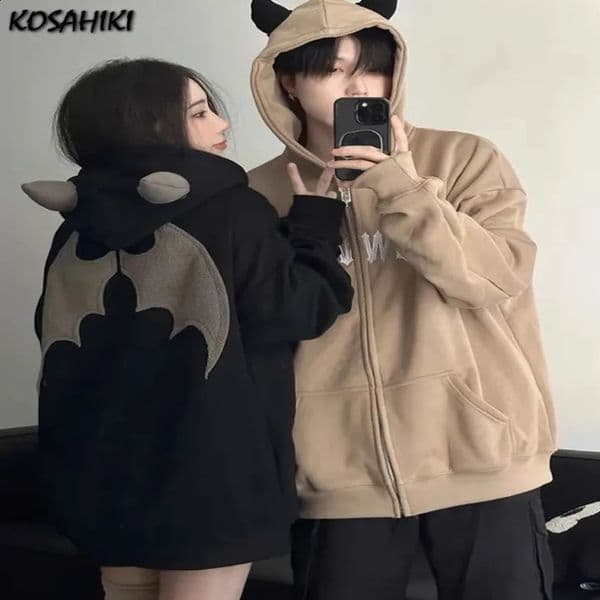 KOSAHIKI Evil Corner Hoodie Womens Retro Harajuku Zipper Sweatshirt Hip Hop Street Clothing Y2K Aesthetics Grunge Cardigan 240821
