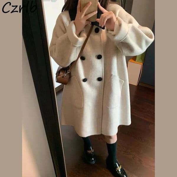 Vintage Blends Women Preppy Allmatch Autumn Winter Coat Streetwear Temper Harajuku High Street Simple Loose Casual Outwear Ins 251010