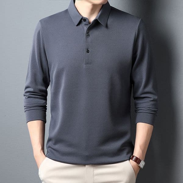 Middle-aged Waffle Long Designer Shirt Sleeve Designer Hoodie T-shirt Men's Casual Autumn Wear Men's Base Shirt Turn-down Collar Polo Shirt For Dad