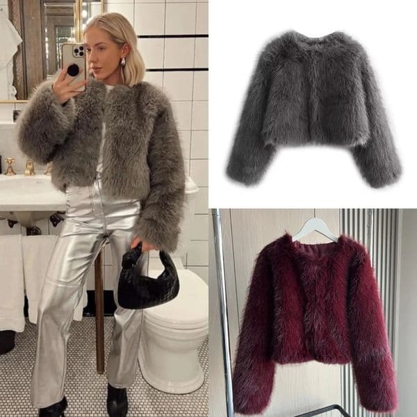 Faux fur jacket Traf FallWinter Fashion Womens Fur Effect Round Neck Long Sleeve Short Jacket 241104