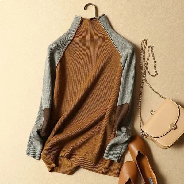 Turtleneck loose womens zipper splicing work thick sweater winter knitted top coat 047 240826