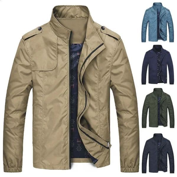 Mens casual jacket spring and autumn standing collar tool zipper solid color flight suit khaki black military green 240816