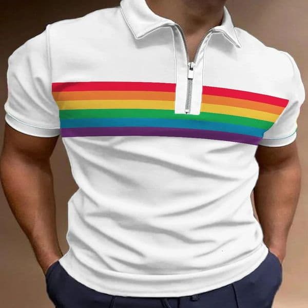 Rainbow striped printed polo shirt for summer n mens golf multicolor fashionable top casual outdoor oversized clothing 240828
