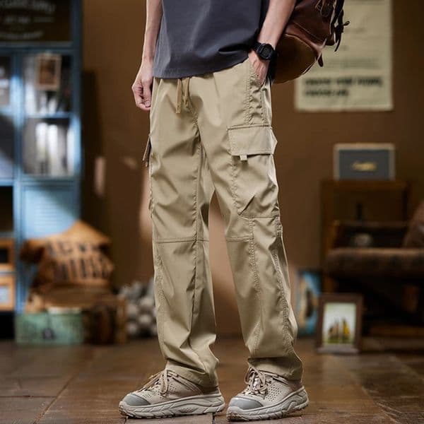 Summer Thin Mens Overalls Pants Loose Straight Leg Multipocket n Outdoor Jogging Hiking Drawstring Trousers Black Green 241021