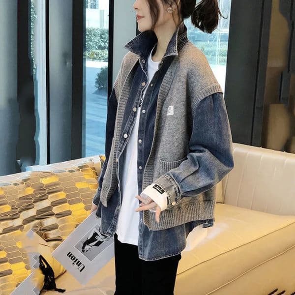 Fashion Women Sweaters Knit Sweater Cardigan Autumn Winter Coat Stitching 2 Pieces Denim Jacket Tops Streetwear 241021