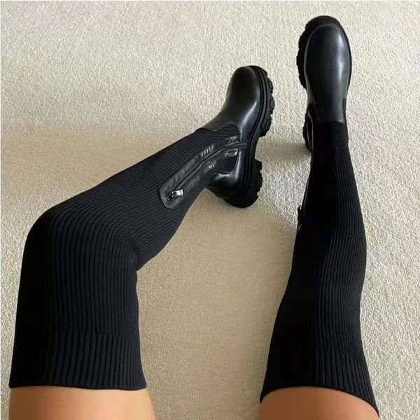 Women Thick Sole Boots Autumn Winter Breathable Knitting Sock Ladies Thigh High Boots Stretch Round Toe Shoes Plus Size 43 251010