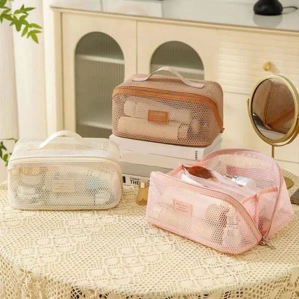 Large Capacity Mesh Handheld Makeup Bag Zipper Multilayer Transparent Mesh Cosmetic Bag Organizer Case Square 251009