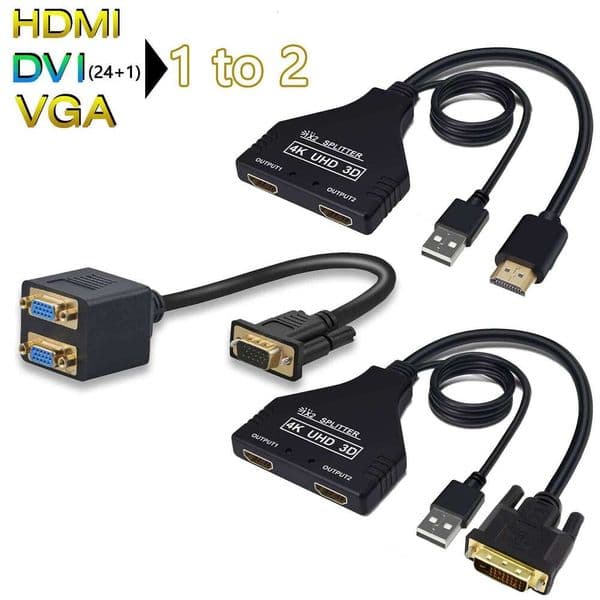 HDTV 4K 30Hz HDMI Splitter In out audio Video VGA cable DVI 24 1 to hdmi 2 adapter for TV Box Monitor Projector 15m