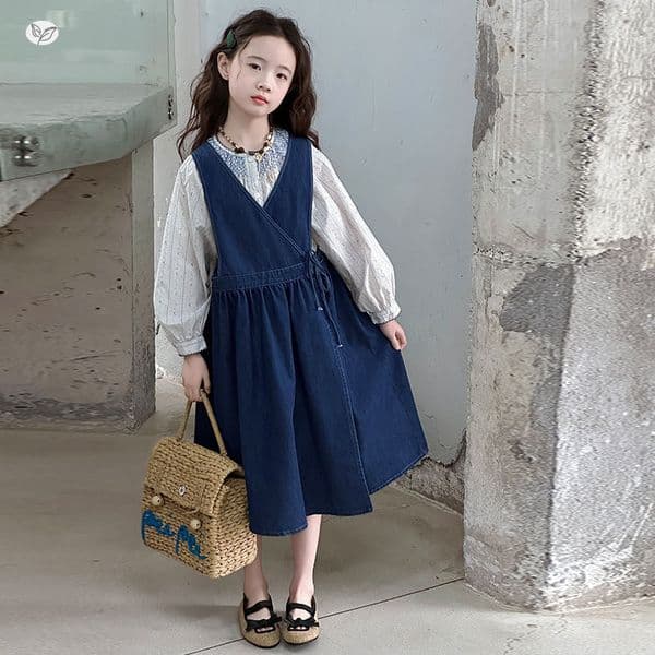 D427 Girls' overalls skirt suit 2025 spring and autumn new round neck top V neck dress two-piece suit for middle and large children