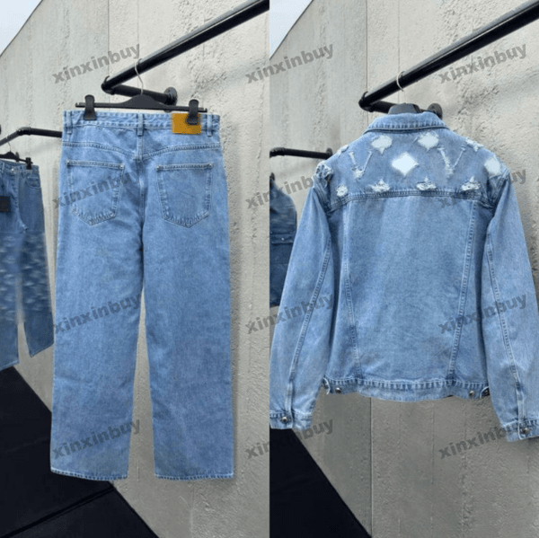 xinxinbuy Men women designer jeans pant Hollow letter jacquard suit sets Casual pants yellow blue white L-2XL