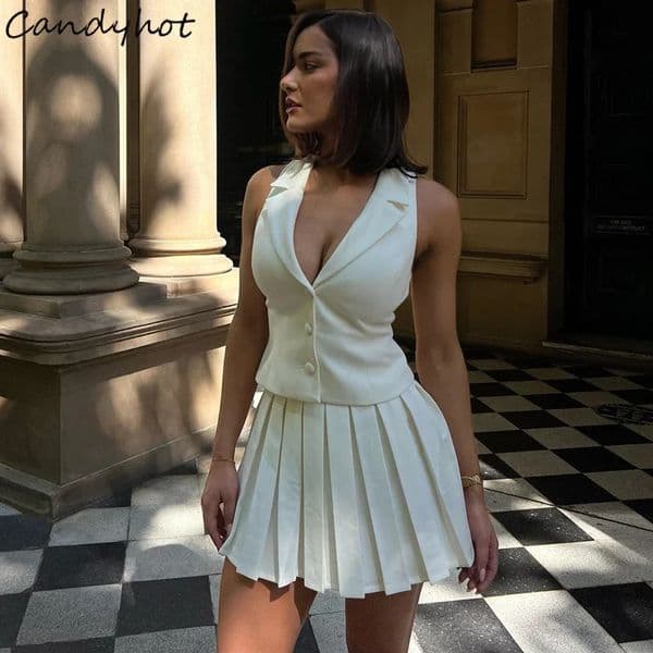 Candy Temperament Elegant Y2K Slim Fit Set Vneck Tight Vest Mini Pleated Skirt Autumn Street Commuting Womens Twopiece Set 251011