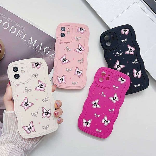 Pink Butterfly Curly Wave Case for Funda iPhone 15 16 Pro 14 13 12 11 X XR XS Max Shockproof Bumper Soft Cover