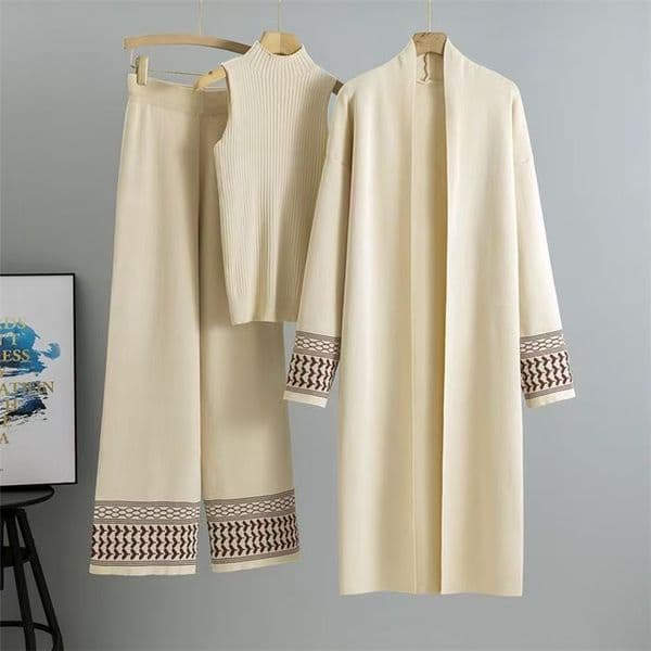 Loose knitted cardigan set, new sweater, shawl, high-neck wide-leg pants, three-piece set, vest coat, large size