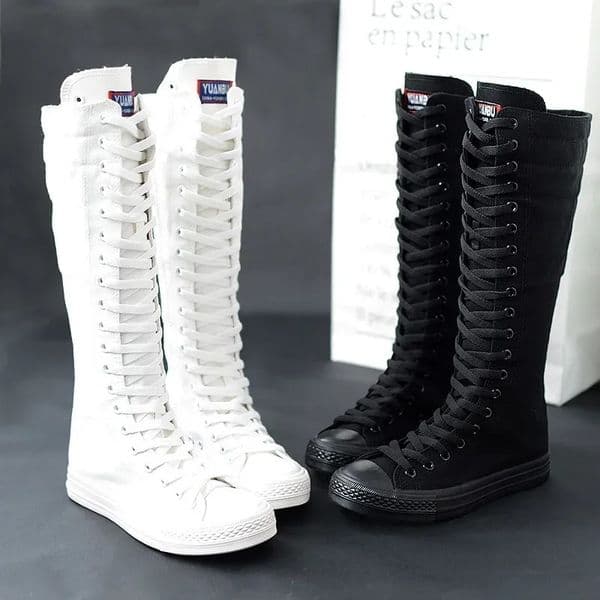 Canvas Long Boots for Women High Top Women Canvas Shoes Lace Up Knee High Boots Flats Casual Vulcanized Shoes Sneakers Girls251011