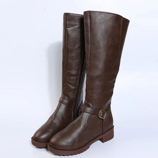 Vintage Brown Women Knee High Boots Big Size Low Heels Platform Long Autumn Winter Pu Leather Zip Warm Booties 251011BANJIA